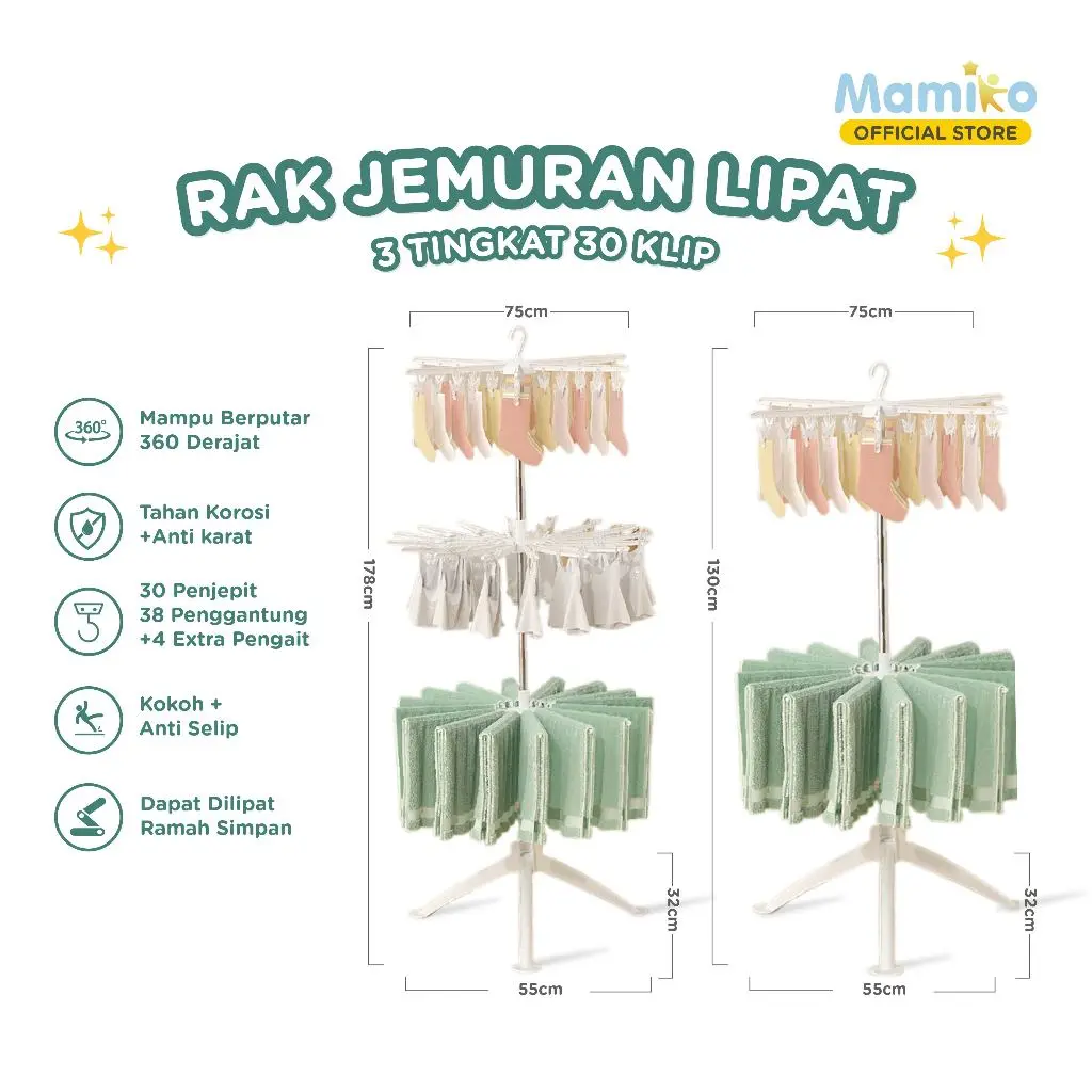 Mamiko Rak Jemuran Lipat 3 Tingkat 30 Klip Multifunctional Folding Hanger Gantungan Pakaian Bayi Lipat 75x75x130cm & 75x75x178cm Anti Karat Anti Selip