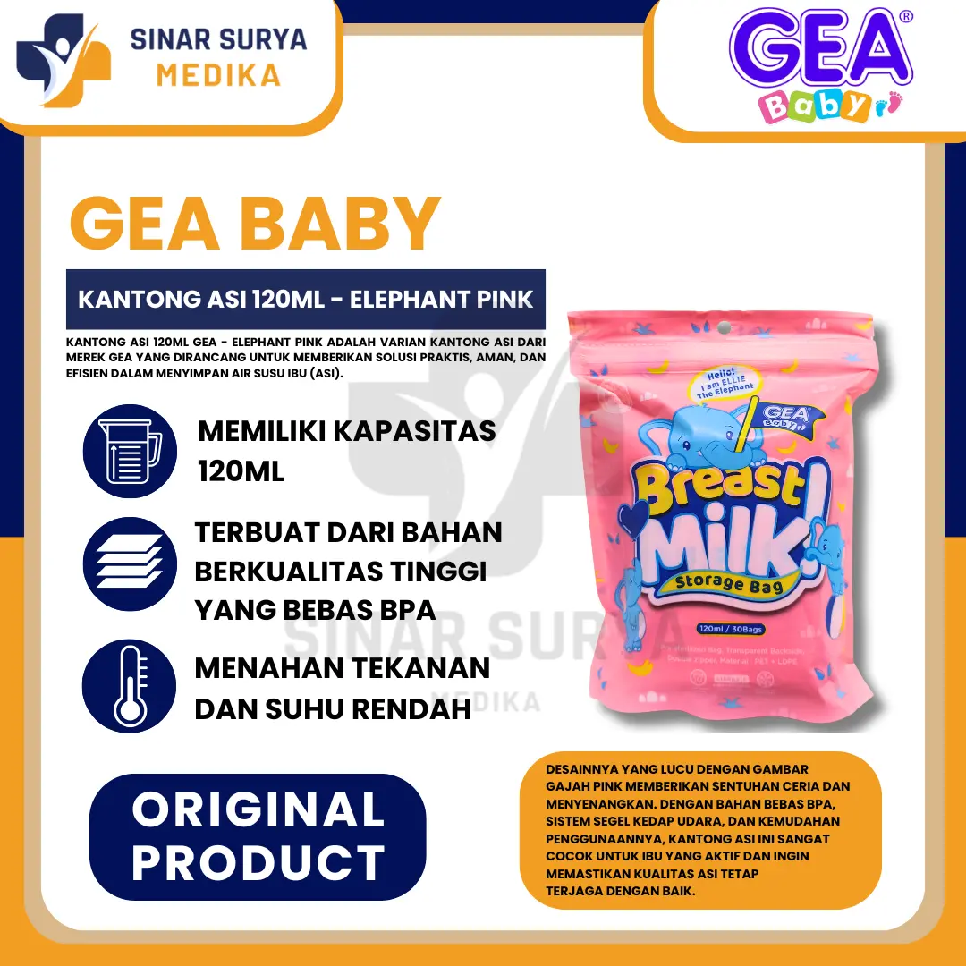 GEA BABY Kantong ASI 120ml / Thermal Breastmilk Storage Bag Elephant Pink