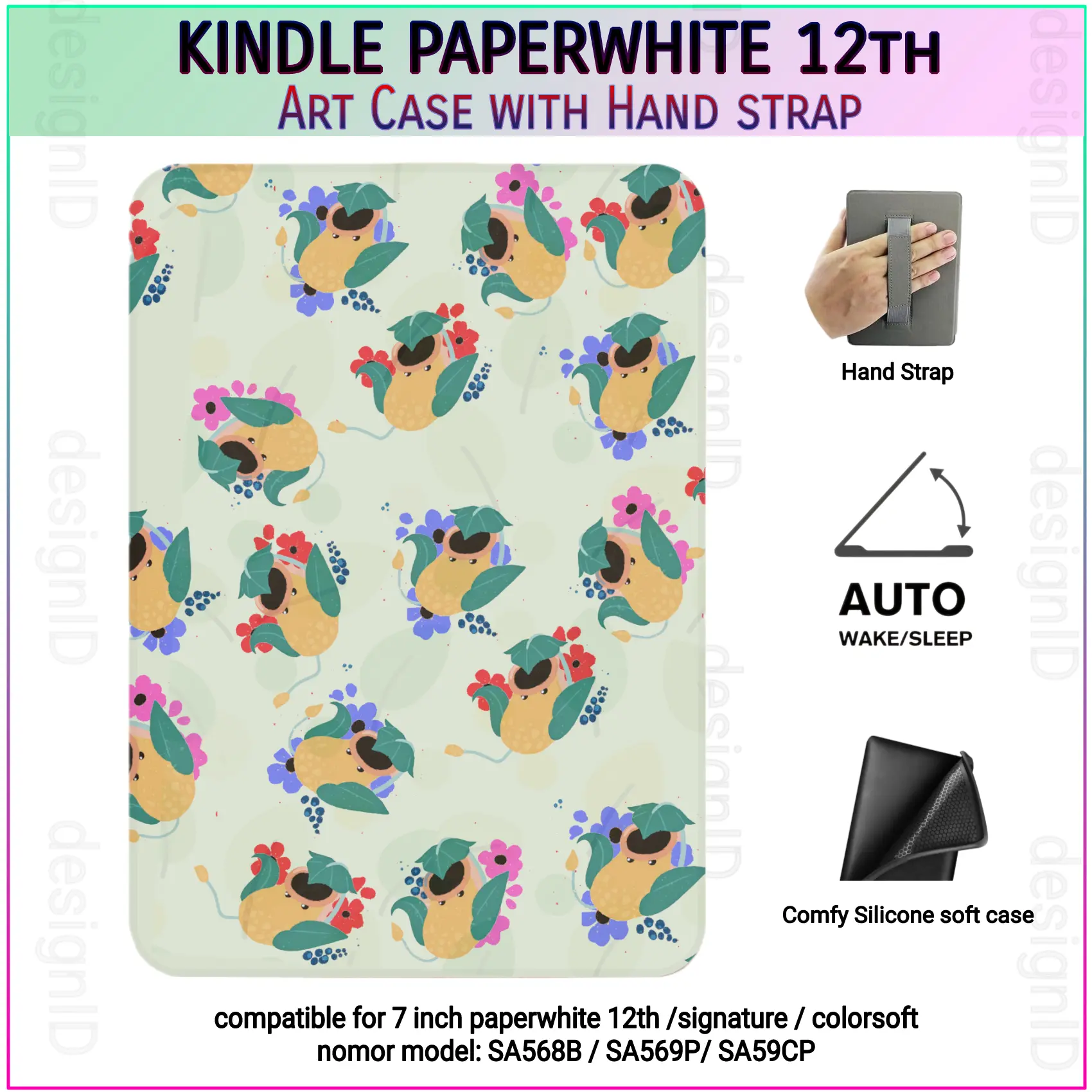 Kindle Paperwhite 12th Cute Arte Case with Auto wake hand strap designid cover kantong semar unik
