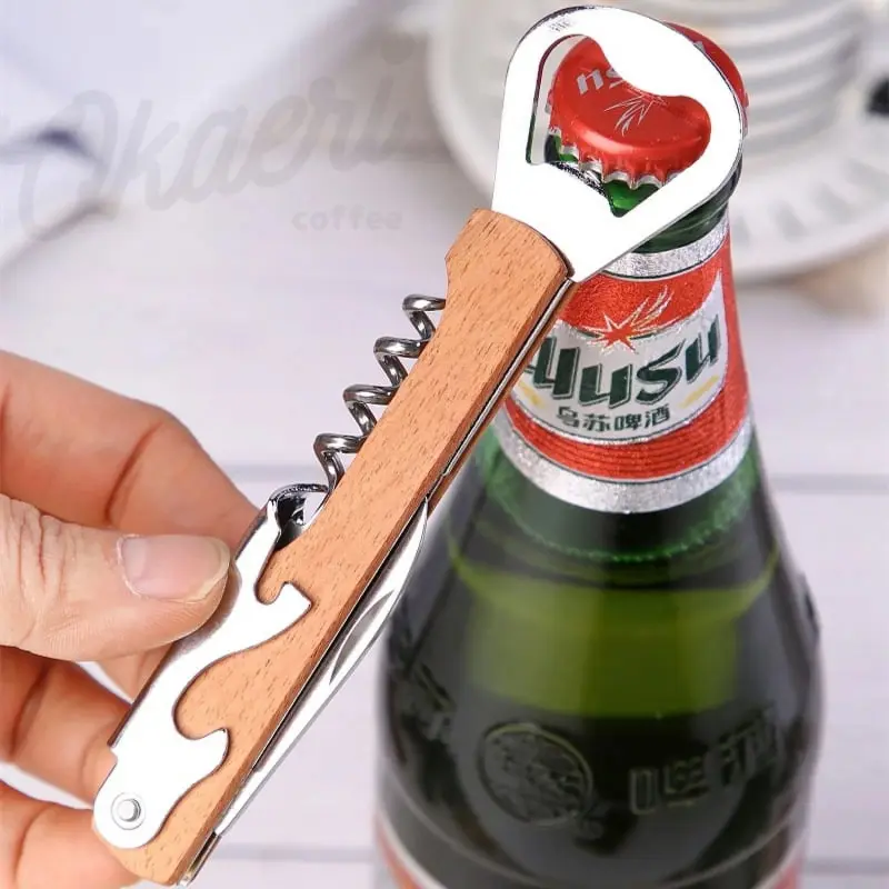Alat Pembuka Botol Bir Gagang Kayu / Corkscrew Beer Wine Opener Wooden Handle 1