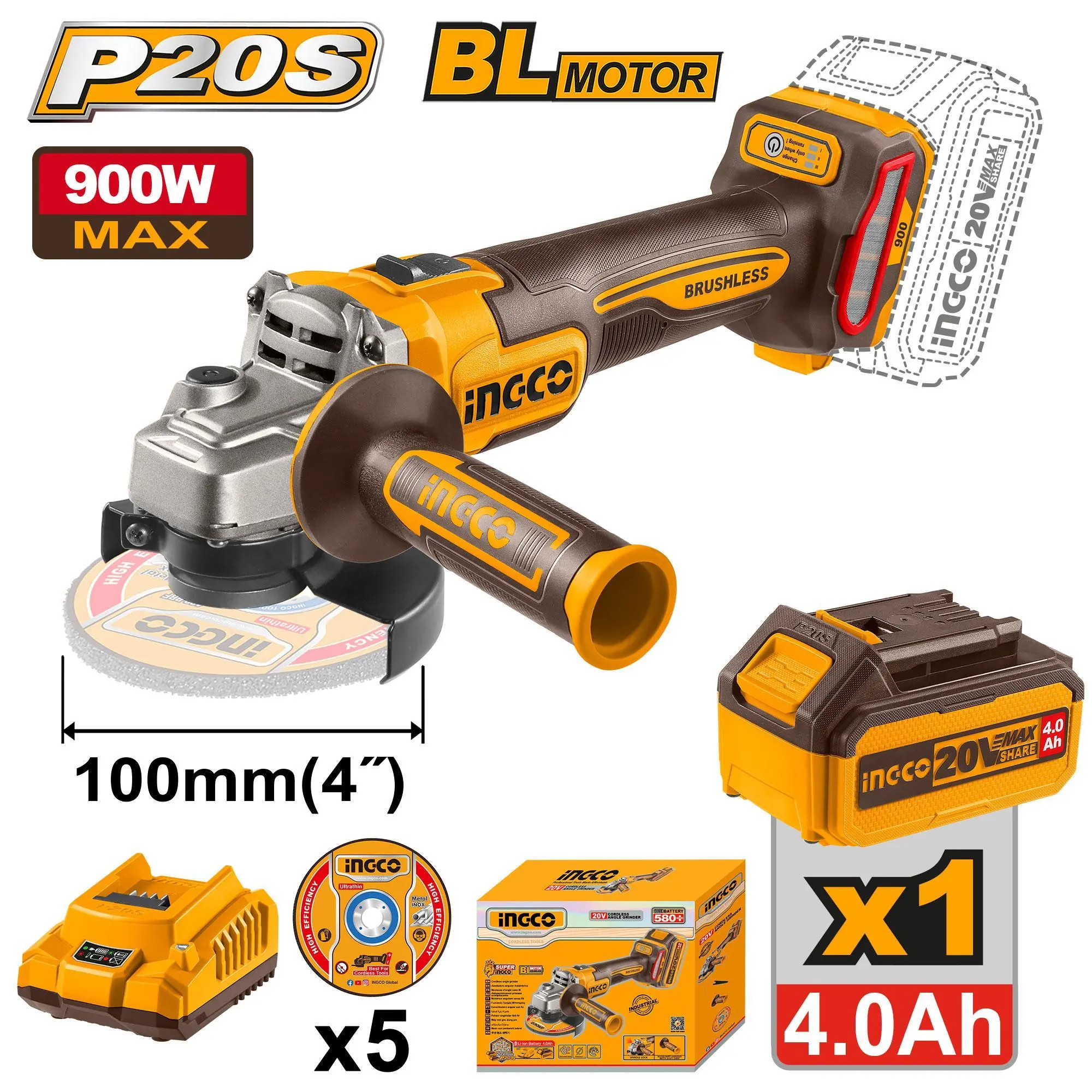 Cordless Angle Grinder 4" Inch Brushless INGCO CAGLI261021 Mesin Gerinda Baterai P20S