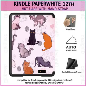 Kindle Paperwhite 12th Arte Case Cute Cat Society with Auto wake hand strap designid cover