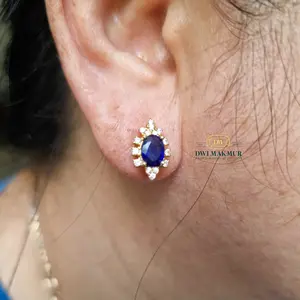 Certified,Nice Blue SAPPHIRE Ladies Stud Earrings Silver gold plated