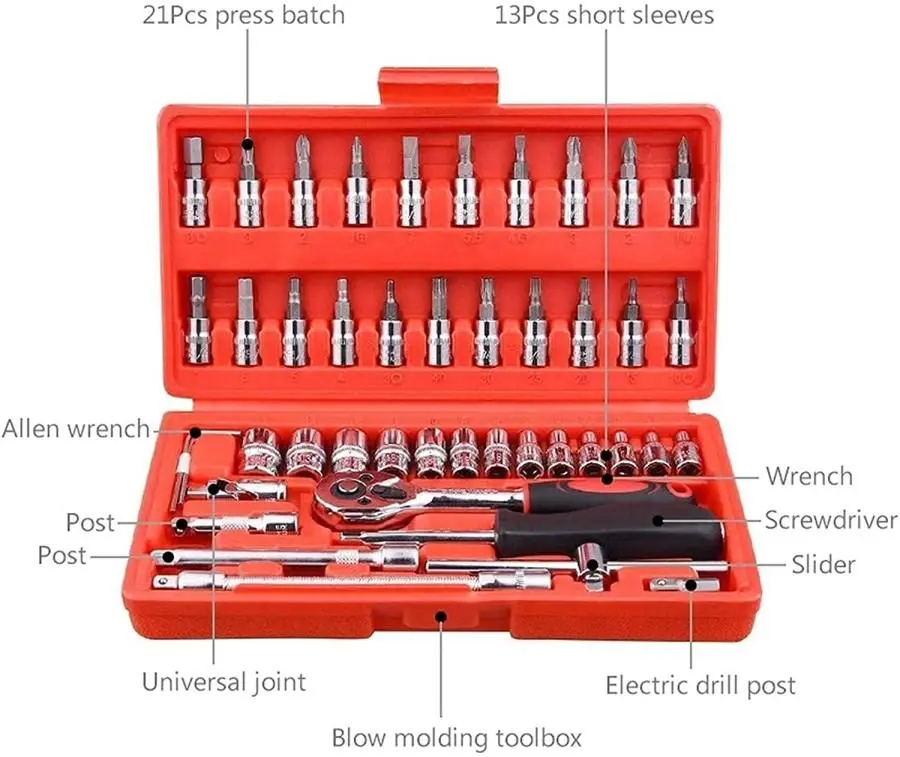 Kunci shock 46pcs Mobil Motor Lengkap Socket Tools Kit Set Pas Ring