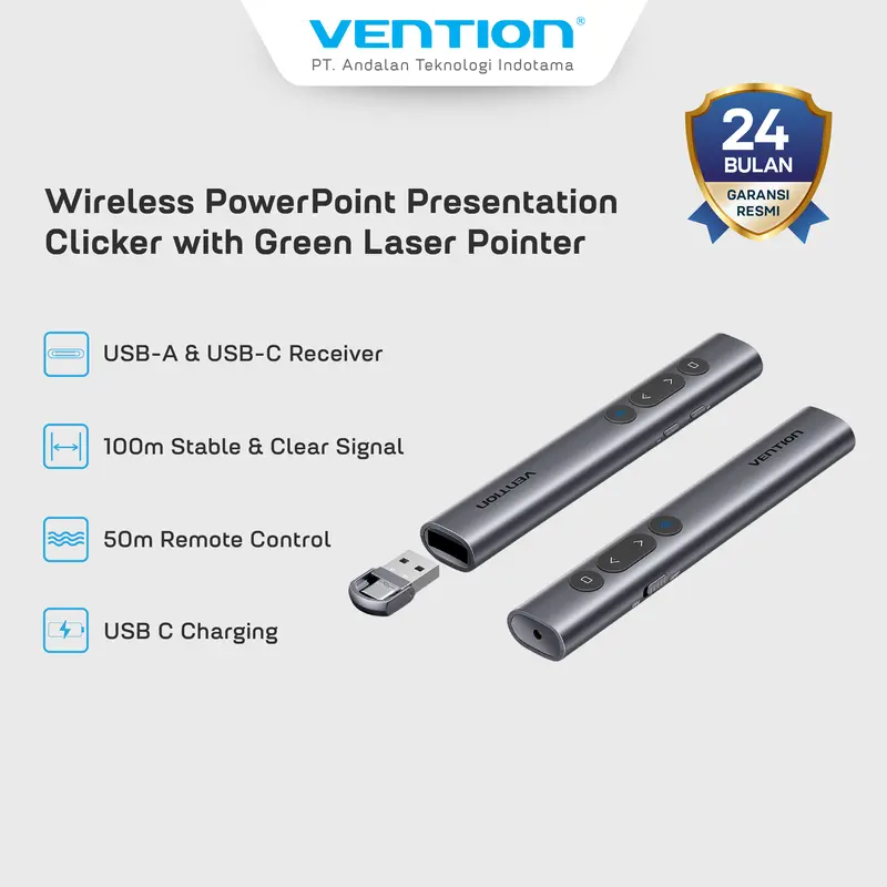 Vention Wireless PowerPoint Presentation Green Laser Pointer 2.4Ghz With USB C Charging Cable - KQJ 0
