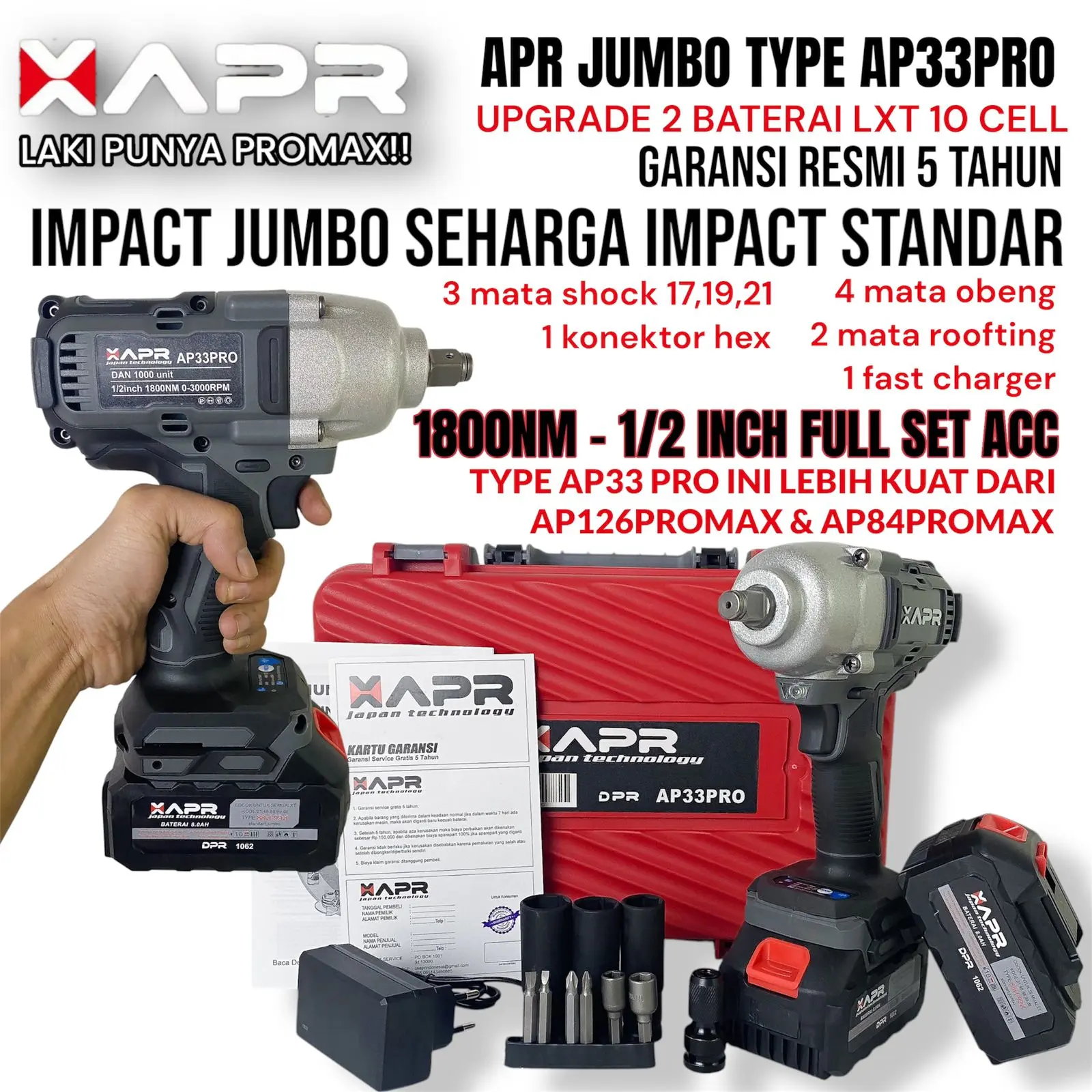 IMPACT WRENCH JUMBO APR AP33 PRO 1800NM IMPEK KUAT MOBIL MOTOR MESIN TRUCK XAPR