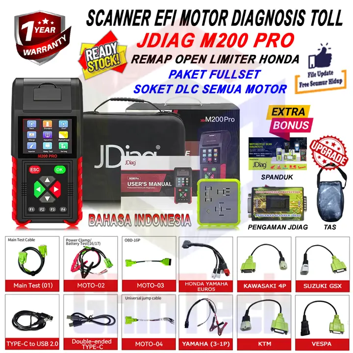 JDiag M200 PRO Bisa Remaps Motor Scanner Function Diagnostic Tool Remap Diagnosis M 200 Pro Kesalahan OBDII ECU CO Motor Injeksi M-200 Pro Remaps Scanner OBD2 Alat Diagnostik Sepeda Motor