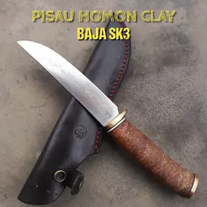 Pisau Survival Hiking Baja SK3 Motif Homon Clay dengan Sarung Kulit - Camping
