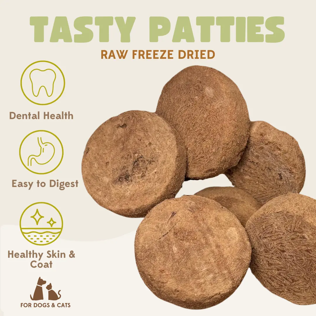 DrToots TASTY PATTIES RAW Freeze Dried /All Natural Catfood Dogfood/ Pet Treats Food Toppers Jerky/ Makanan Cemilan Anjing Kucing Sehat
