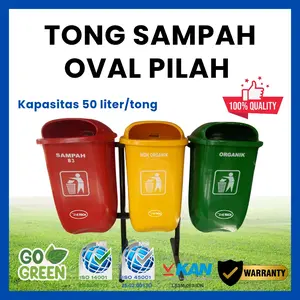 Tong Sampah Oval Outdoor Kapasitas 50 Liter 3 Set Pilah Bahan Fiber | Tong Sampah Luar Tiang Organik Nonorganik Logo Untuk Taman Lapangan Jalan