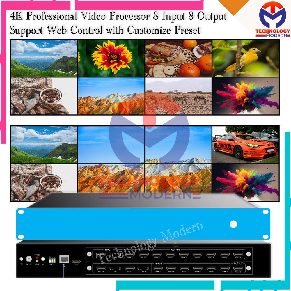 4K Video Wall Processor/Controller 2x4 4x2 (8 Input 8 Output) With Matrix Switcher 8x8 Seamless Support Web Control Windows Mac Tab HP Etc