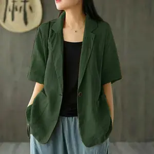Baju Atasan Wanita Kekinian Korea Blazer Lengan Pendek Bahan Linen Polos Kancing Basic