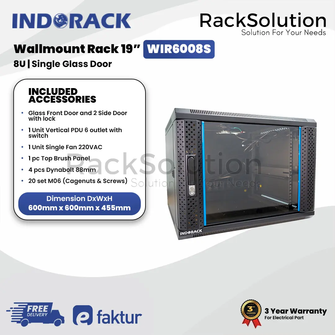 WIR6008S INDORACK WALLMOUNT RACK SERVER 6000MM 8U SINGLE GLASS DOOR