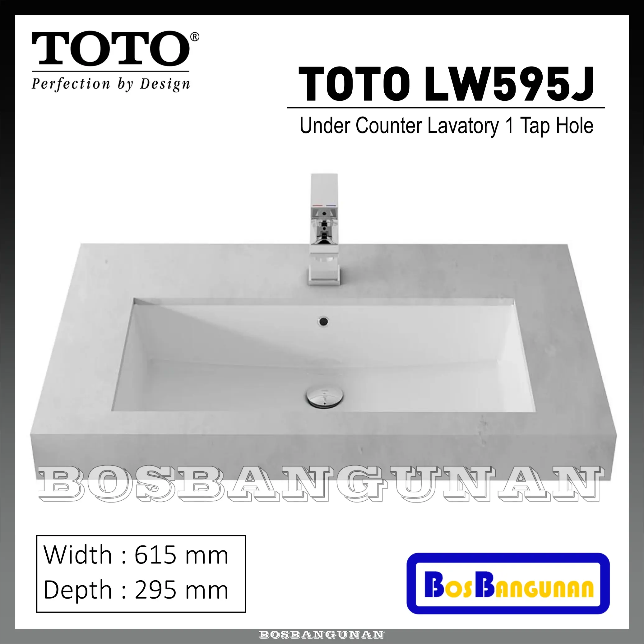 Wastafel Under Counter TOTO LW 595 J / TOTO LW595J Bawah Meja / TOTO LW595JW/F Rectangular Under Counter Lavatory complete with Brackets (TSP0225W) (615 x 295 mm, Opening) / Wastafel TOTO