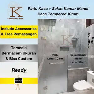 Pintu Kaca Shower Kamar Mandi + Sekat Kamar Mandi Kaca Tempered 10mm / Shower Tempered Glass 10mm / Partisi Kaca Tempered 10mm / Shower Screen
