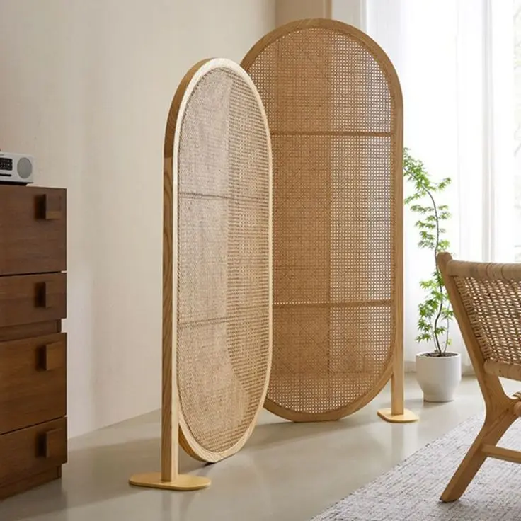Partisi Ruangan Kayu Jati Kombinasi Rotan Asli Penyekat Ruangan Portable Premium