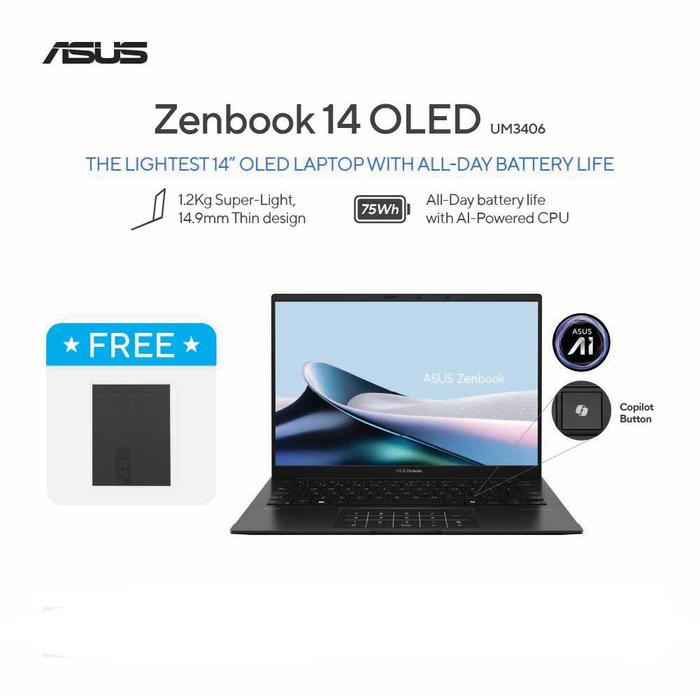 Gambar Asus Zenbook 14 OLED UM3406KA [AMD KRACKAN-8C|RAM 32GB|SSD 1TB|Win11|OHS24+365] dari megacom.id Kota Administrasi Jakarta Pusat Tokopedia