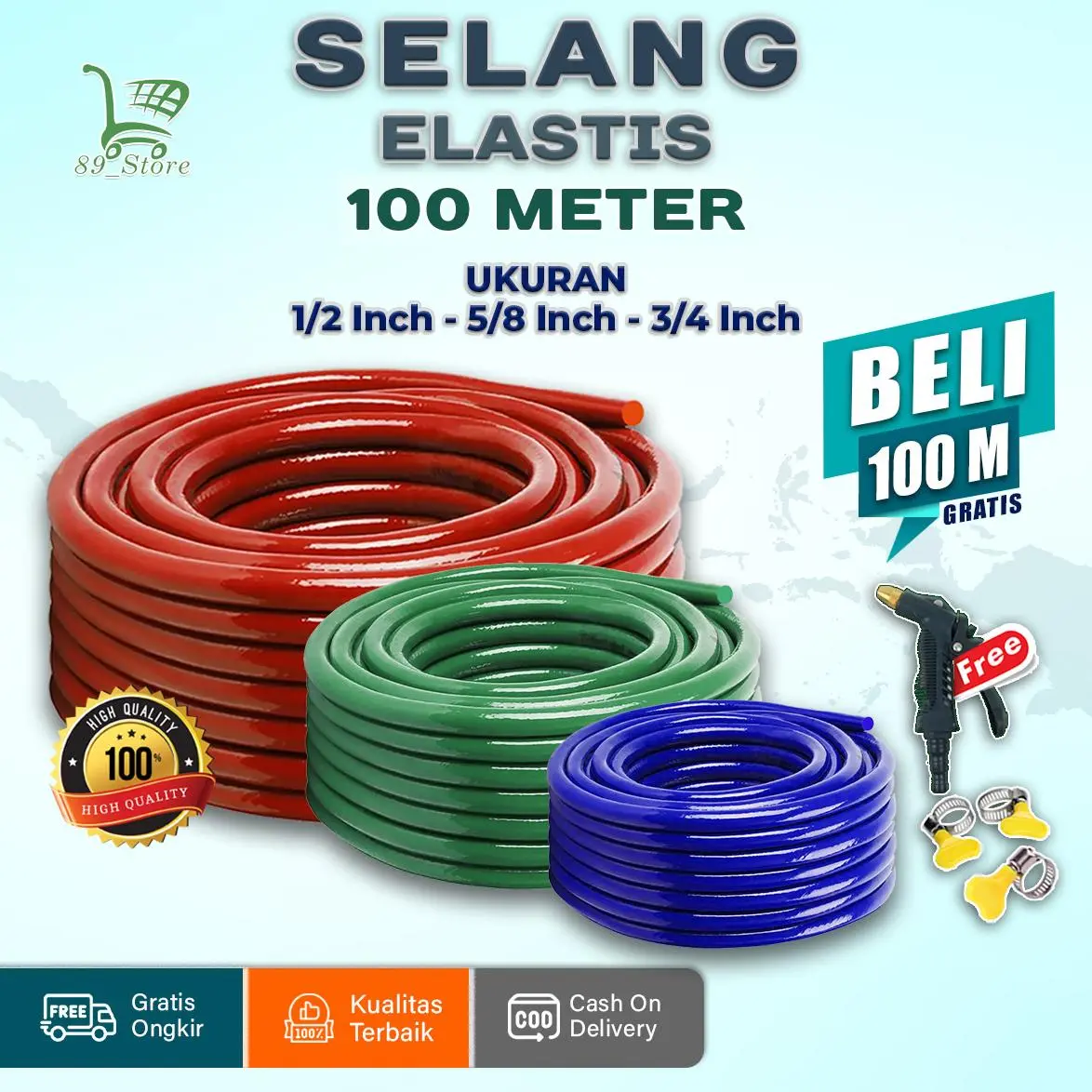 SELANG AIR ELASTIS 100 METER 1 ROL 1/2 5/8 3/4 INCH SELANG TAMAN PERKEBUNAN CUCI MOTOR MOBIL COD