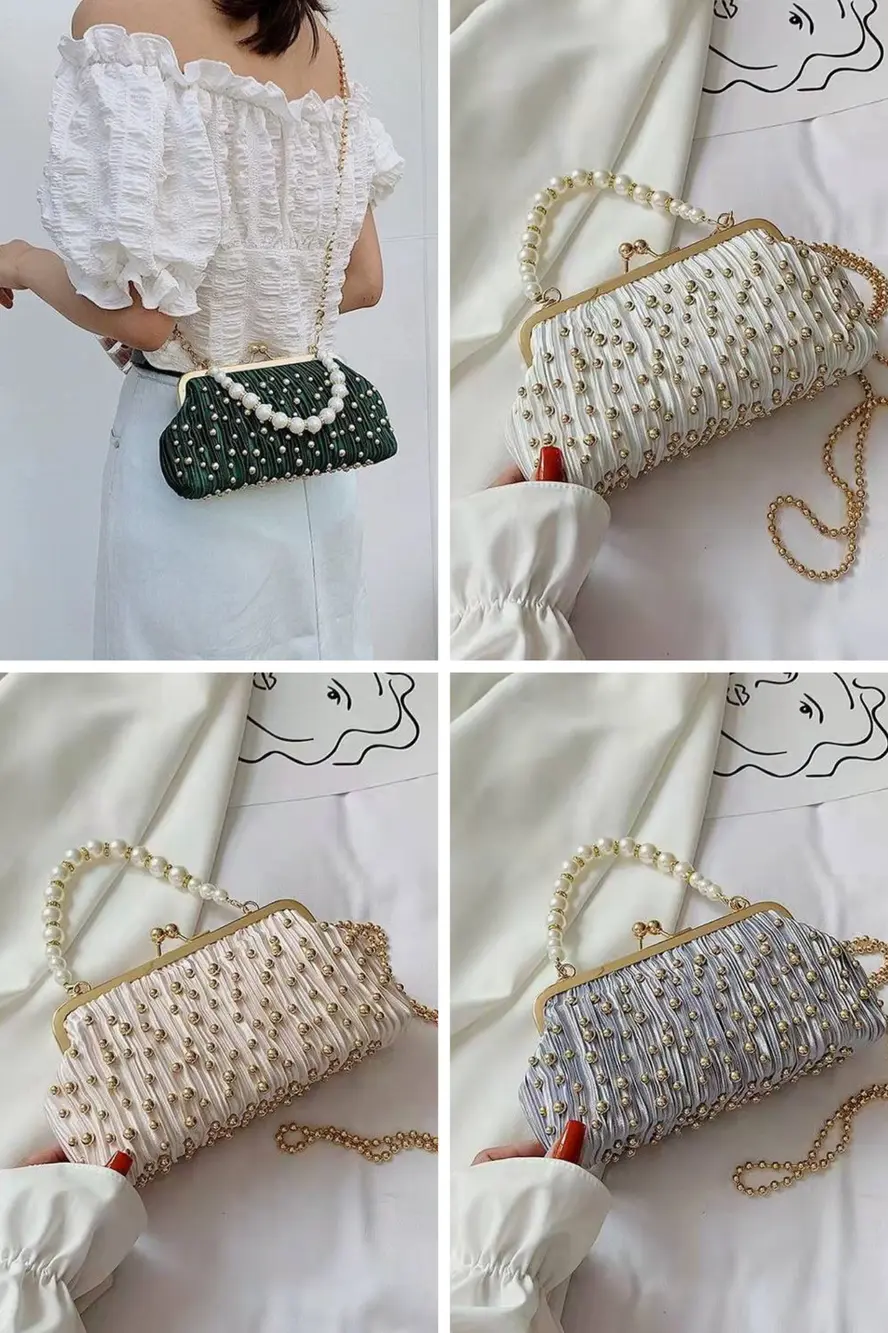 Tas Pesta clutch import Elegan Wanita Mutiara (Tali Mutiara, ada tali panjang rantai) - SB5006