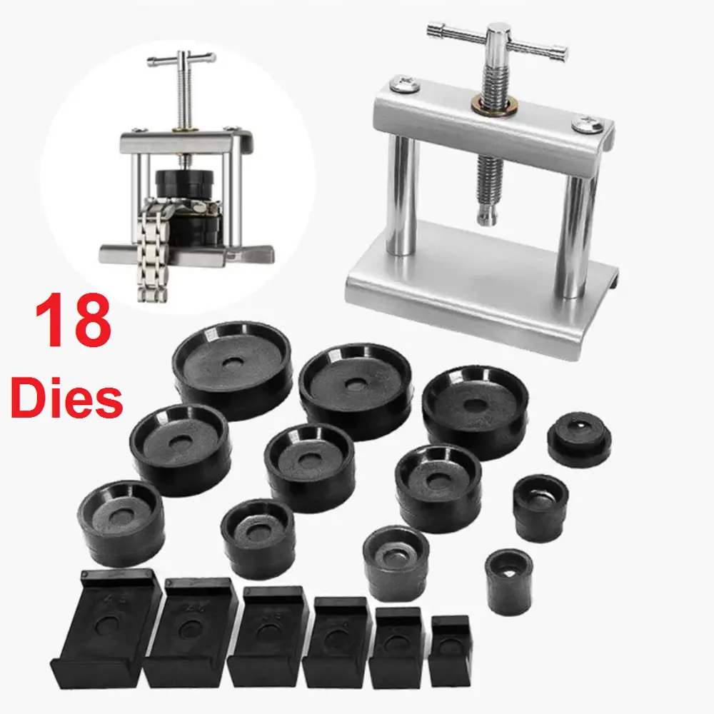 Alat Press Jam Tangan Manual Set Serivs Jam Reparasi Lengkap Pres 18 Dies 12 Cetakan Press ABS Ganti Baterai Tutup Belakang Bahan Besi 18in1 Bulat Kotak Gawang