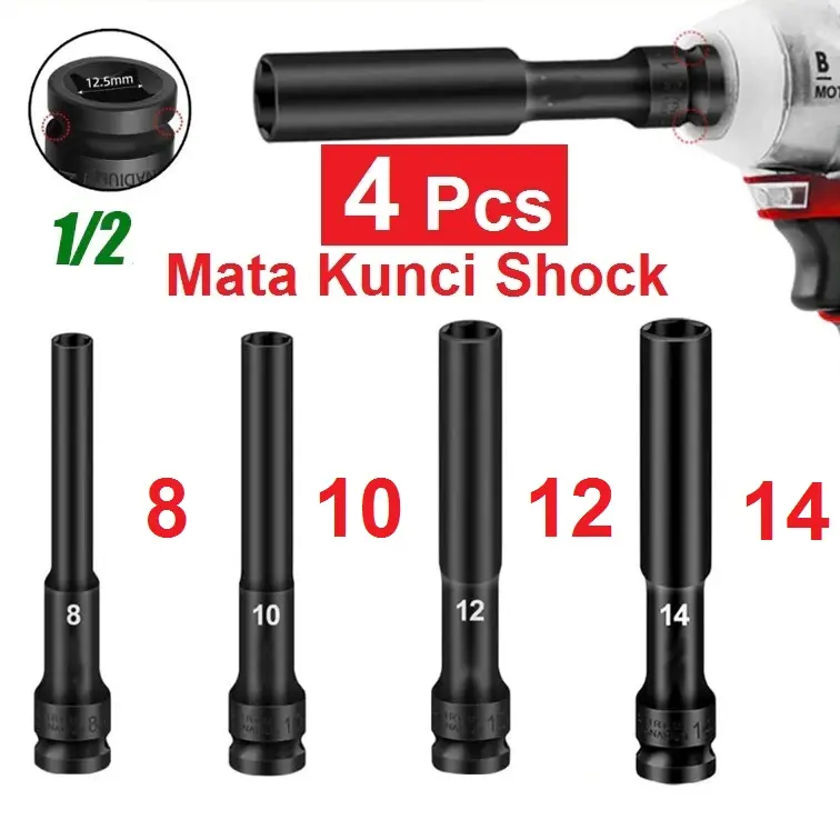 Mata Kunci Shock Cover 8-14mm Extra Panjang 130mm High Hardness 1/2 Hex Socket Head Adapter for Electric Wrench and Lithium Wrench Mata Kunci Sok Impact Driver Socket Sleeve Impact Wrench Mata Shock Satuan Ecer / Mata Shock Impact Panjang