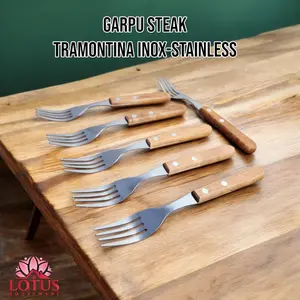 [6 pcs] Garpu Steak gagang kayu TRAMONTINA stainless steel inox tebal CY-0606