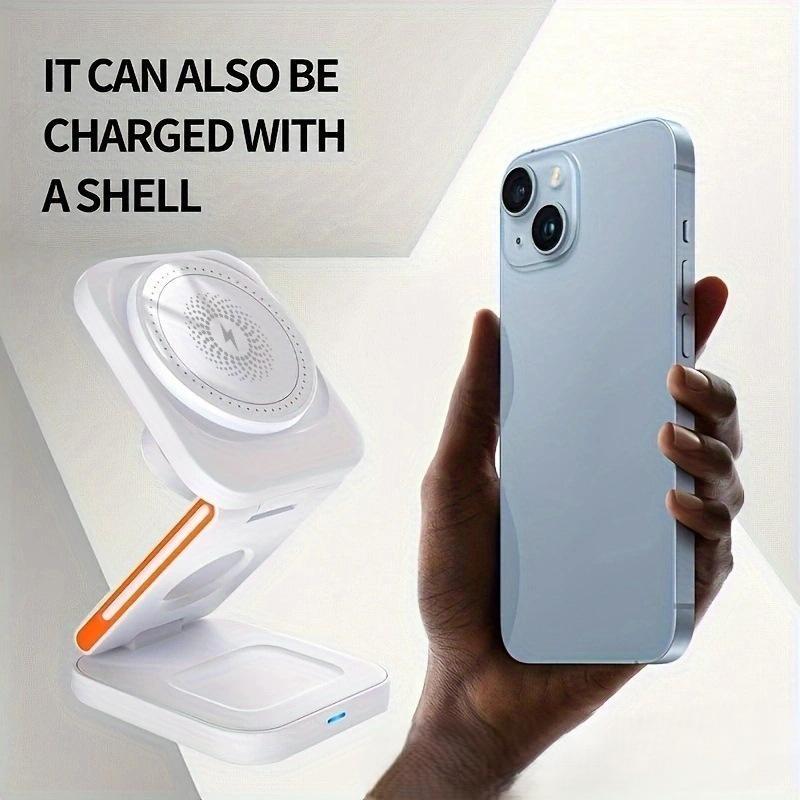 Multifunctional foldable 3-in-1 fast charging magnetic wireless charger stand compatible with iPhones, iWatch, Airpod, Samsung, Android Phones