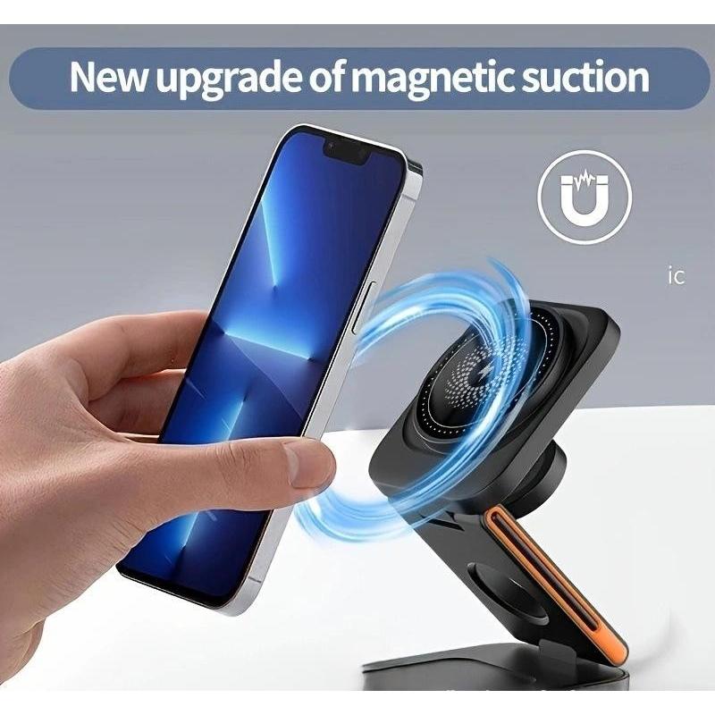 Multifunctional foldable 3-in-1 fast charging magnetic wireless charger stand compatible with iPhones, iWatch, Airpod, Samsung, Android Phones