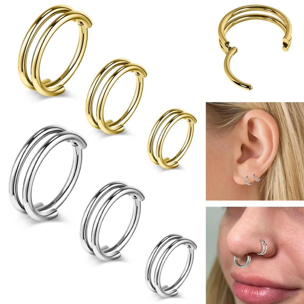 1 PC 16G Nose Rings Piercing Stainless Steel Septum Piercing Double Layer Hoop Earrings Gold 8mm/10mm Helix Conch Cartilage Piercing Earrings for Women Men