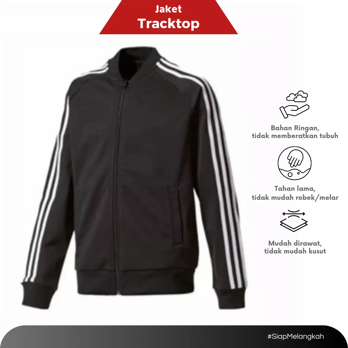 Jaket Tracktop Polos [Casual Firebird] Polyster Hitam Strip Putih