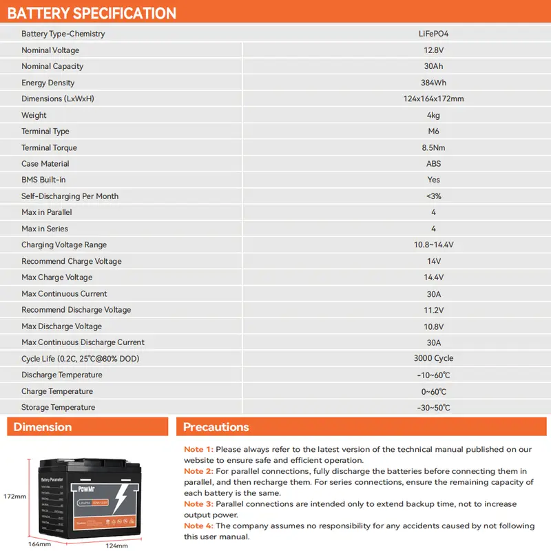PowMr Baterai Lithium LiFePO4 12.8V 30AH 3000 Siklus Hidup Terkendali BMS Ukuran Mini Baterai Fosfat Besi Lithium LiFePO4 yang Dapat Dicas Ulang 8