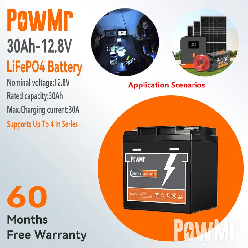 PowMr Baterai Lithium LiFePO4 12.8V 30AH 3000 Siklus Hidup Terkendali BMS Ukuran Mini Baterai Fosfat Besi Lithium LiFePO4 yang Dapat Dicas Ulang 0