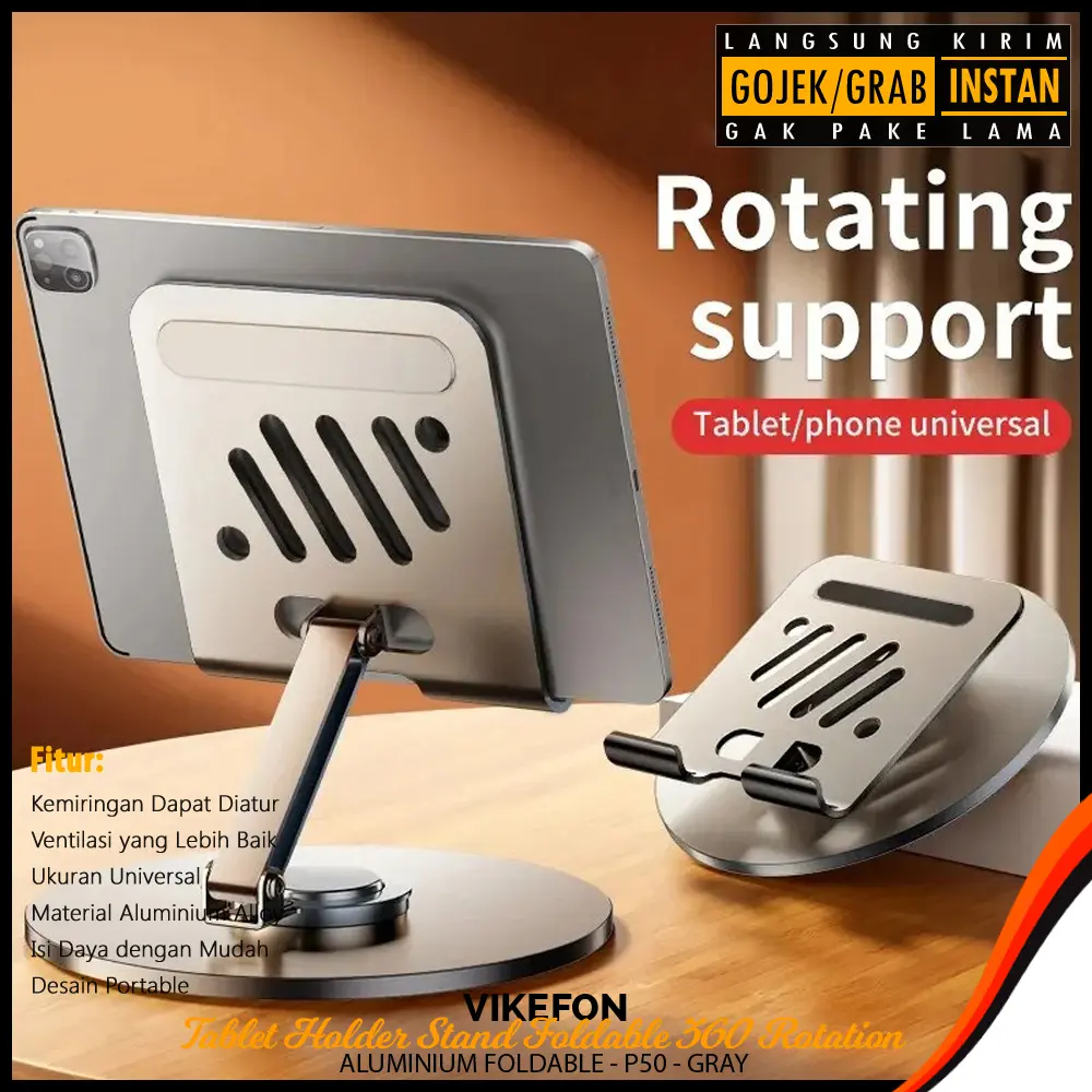 VIKEFON Tablet Holder Stand Foldable 360 Rotation Aluminium Foldable - P50 - Gray