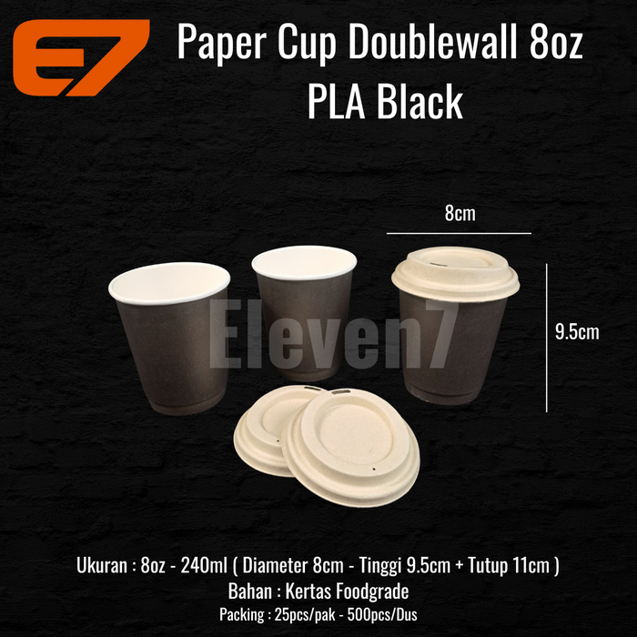 Jual Paper Hot Cup PLA Double Wall 8oz Black + Bagasse Lid Natural ...