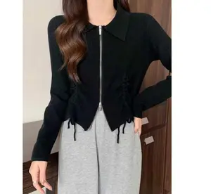 [ NARIKUS ] Ziva Polo Rib Knit Zipper Atasan Wanita Serut Tali NTR Nyaman Top Fit Cardigan