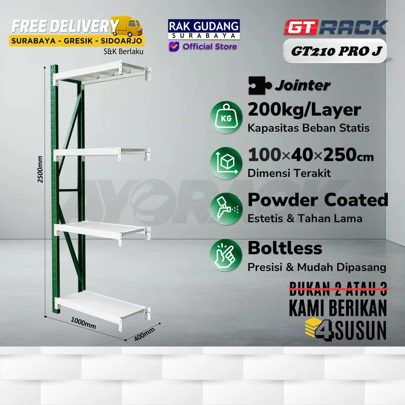 RAK GUDANG BESI GT RACK GT210 PRO – WAREHOUSE RACK 200KG TINGGI 4 SUSUN 2.5 METER LEBAR 40CM PANJANG 1M 2