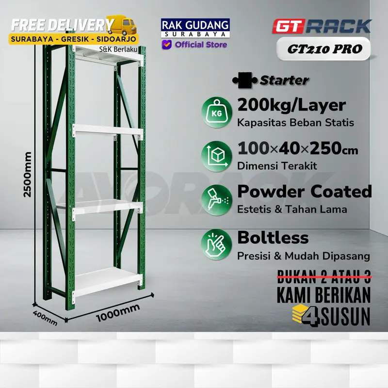 RAK GUDANG BESI GT RACK GT210 PRO – WAREHOUSE RACK 200KG TINGGI 4 SUSUN 2.5 METER LEBAR 40CM PANJANG 1M 0