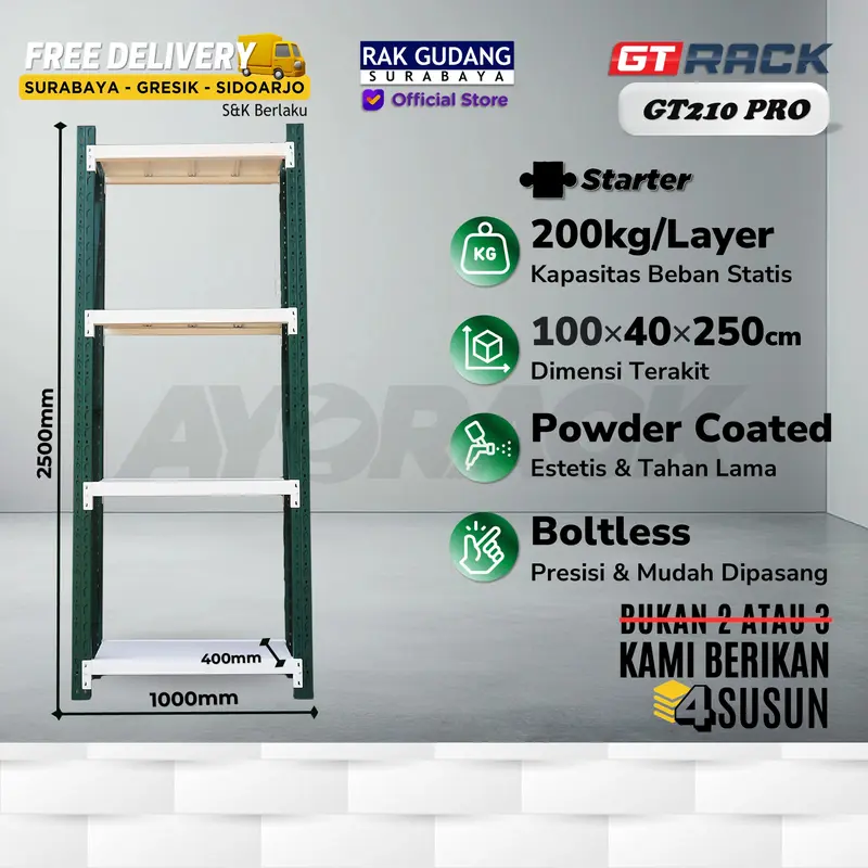 RAK GUDANG BESI GT RACK GT210 PRO – WAREHOUSE RACK 200KG TINGGI 4 SUSUN 2.5 METER LEBAR 40CM PANJANG 1M 1