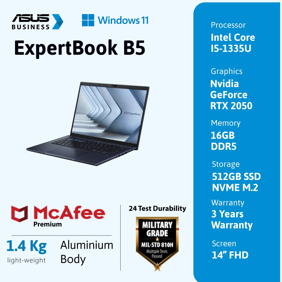 ASUS ExpertBook B5 [B5404CVF-QN5150X] i5-1335U 16GB 512GB SSD Windows 11 Home NVIDIA GeForce RTX 2050) - Star Black + Free Mouse Wireless