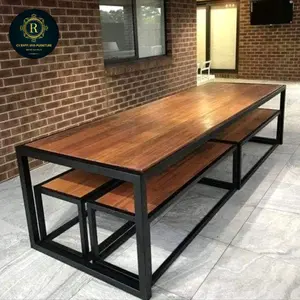 Meja makan panjang full set / meja meeting kayu asli / Set meja kaki besi hollow / meja panjang lestoran
