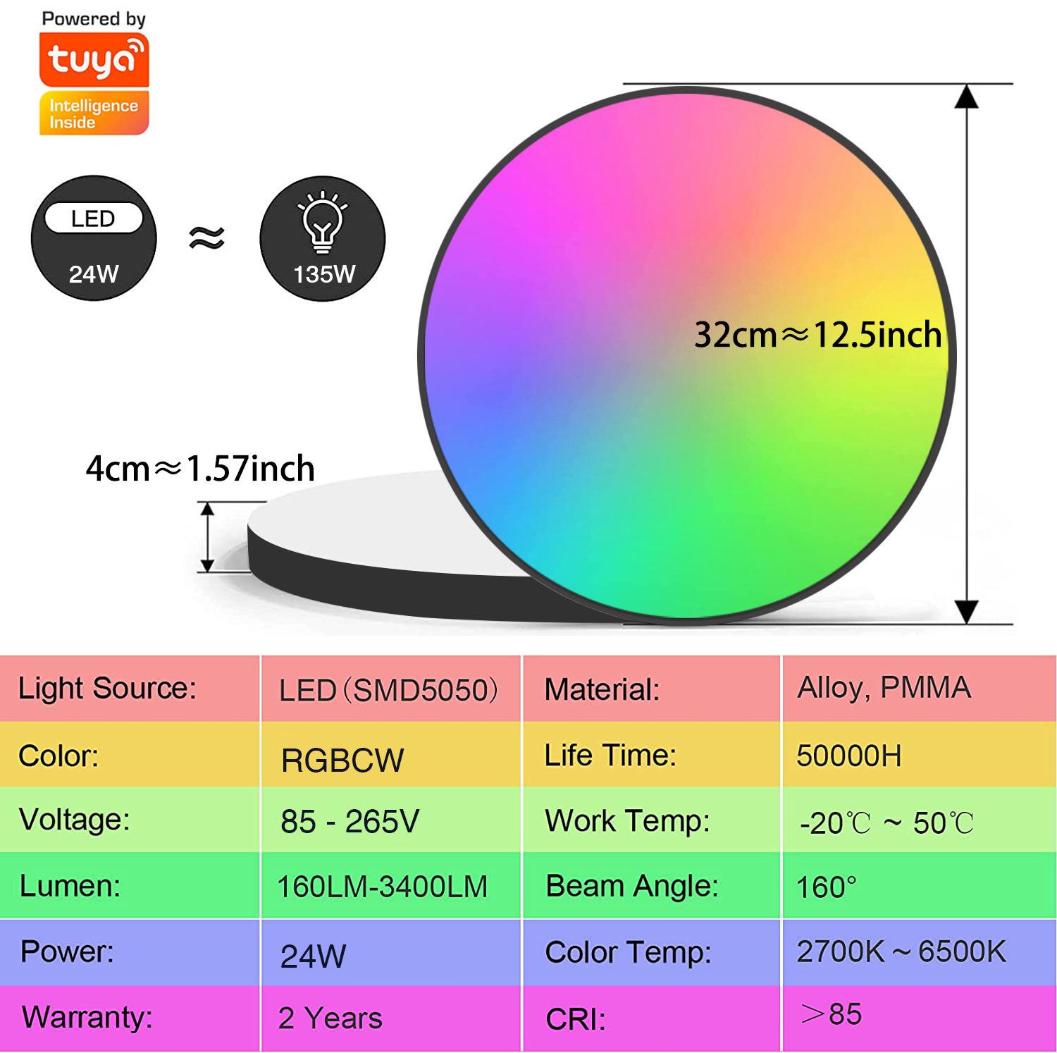 Tuya WiFi Smart Ceiling Light Alexa Google Ultra-Thin Minimalist Bluetooth RGBCW Colorful Bedroom Lamp