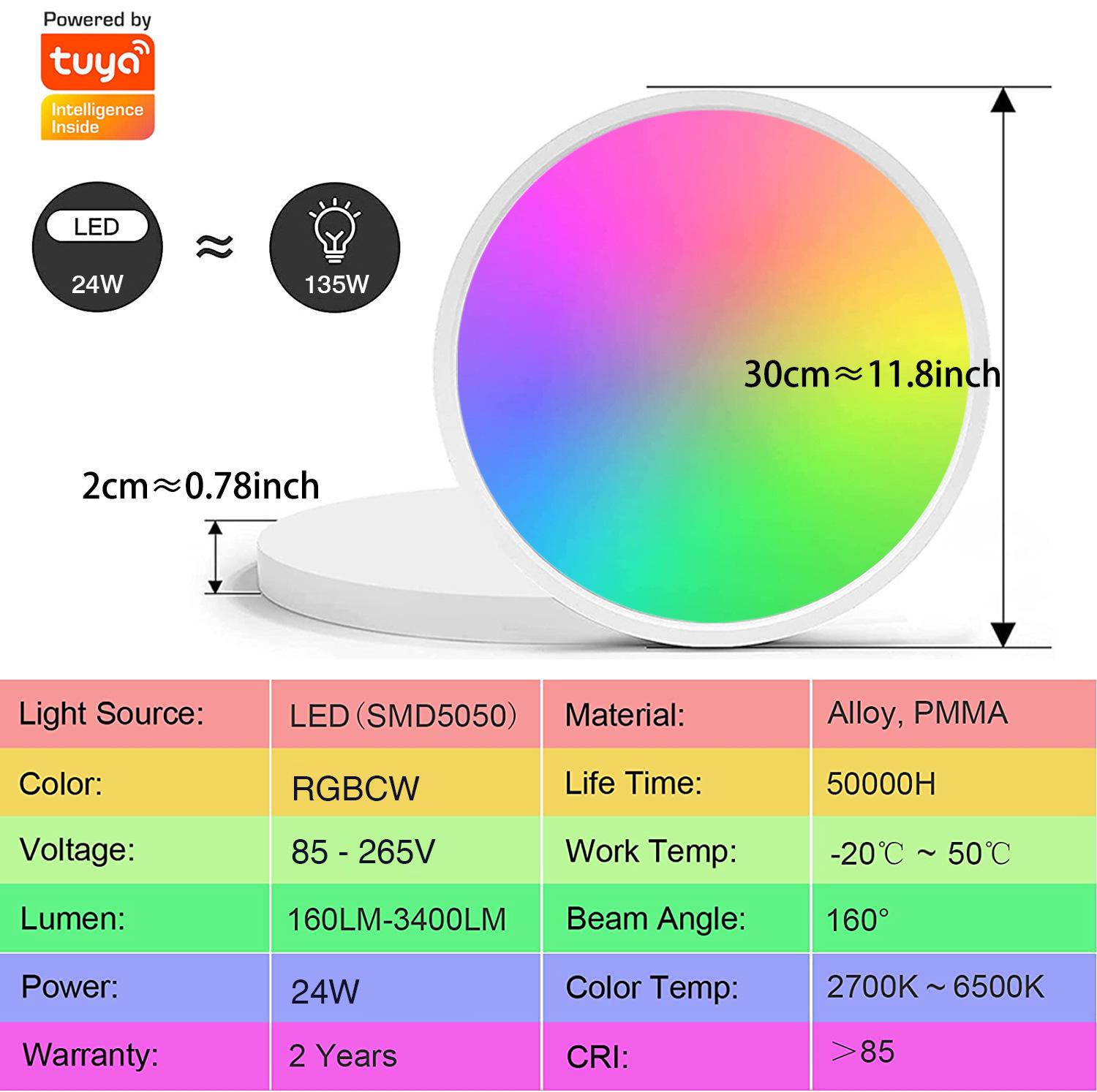 Tuya WiFi Smart Ceiling Light Alexa Google Ultra-Thin Minimalist Bluetooth RGBCW Colorful Bedroom Lamp