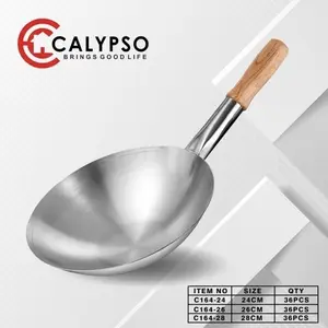 CALYPSO ONOMANE WAJAN KUALI WOK PENGGORENGAN GAGANG KAYU 24 26 28 CM STAINLESS DIJAMIN AWET ASLI PUAS PROMO MURAH WOW!