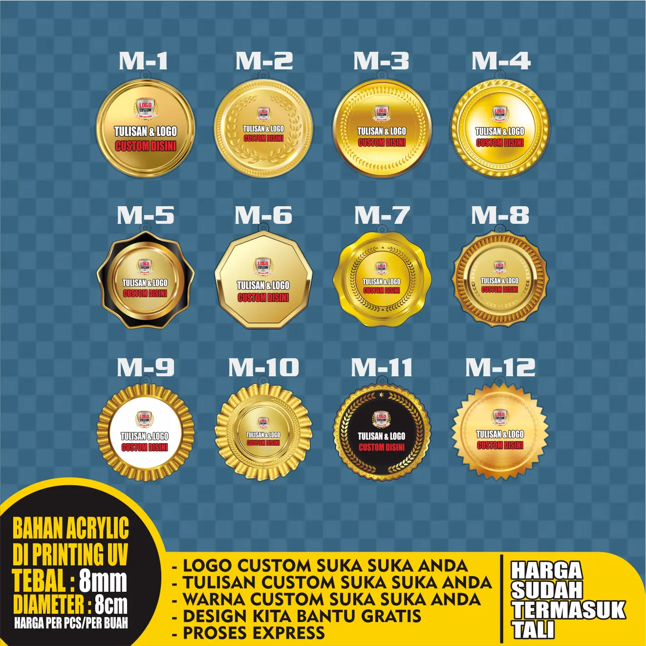 Medali, Medali Custom, Medali Perlombaaan, Medali Akrilik, Medali Acrylic, Medali Lomba, Medali Akrilik Custom, Medali Acrylic Custom, Medali Wisuda, Medali Kalung, Medali Penghargaan, Tebal 8mm Diameter 8cm harga Sudah Termasuk Tali Kalungnya MD-01