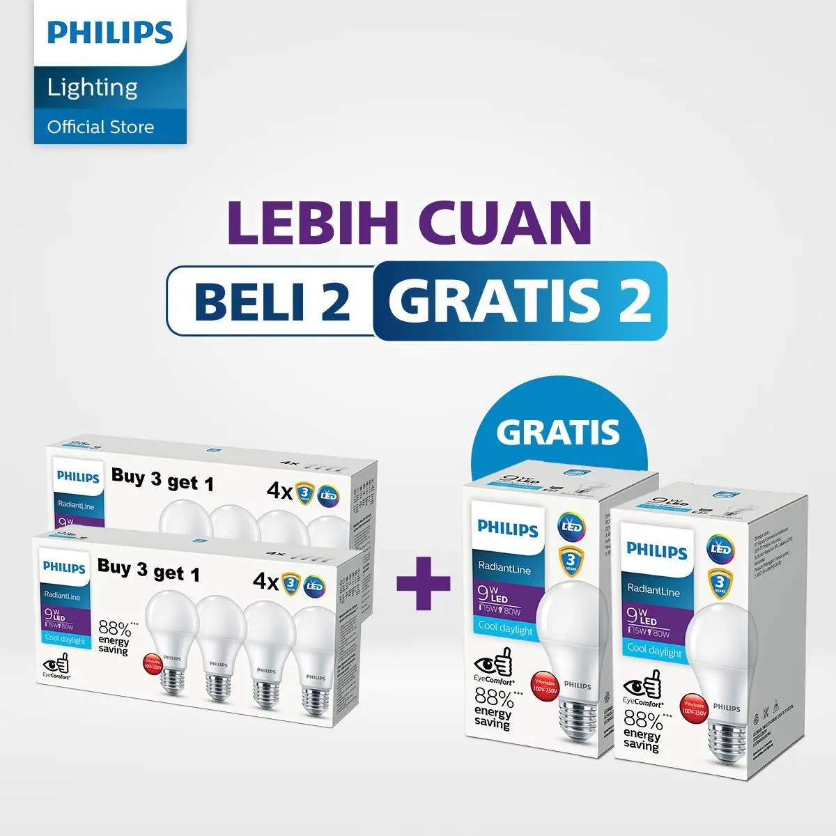 Beli 2 Gratis 2 Lampu Philips LED Multipack RadiantLine 9W Putih