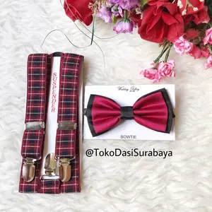 Suspender bretel motif maroon kotak dan bowtie dasi kupu 2tone maron