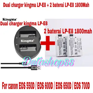 2 baterai canon LP-E8 + dual charger kingma for eos 550D / 600D / 700D
