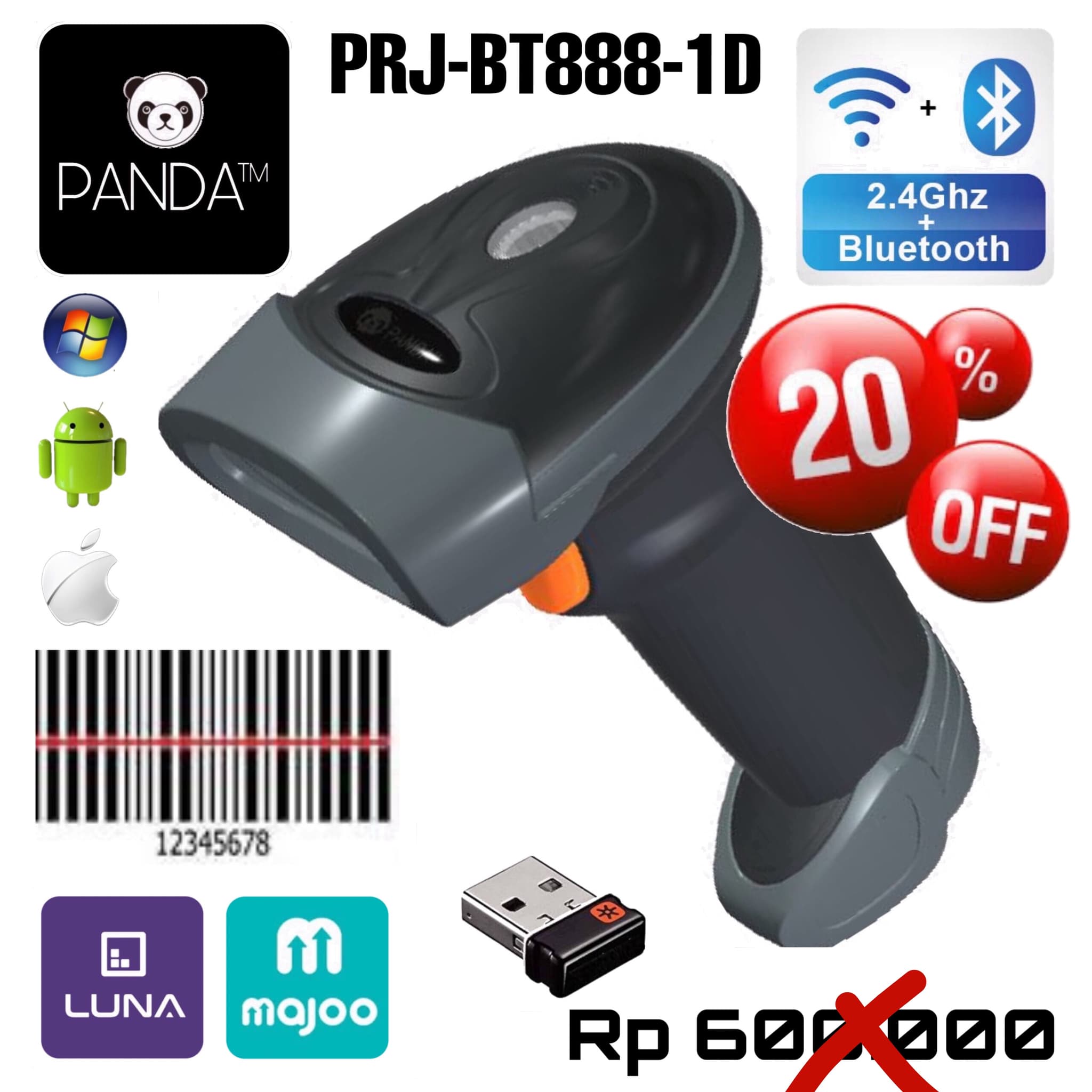 Wireless Bluetooth Panda PRJ-BT888-1D Laser Barcode Scanner Best Perfomance