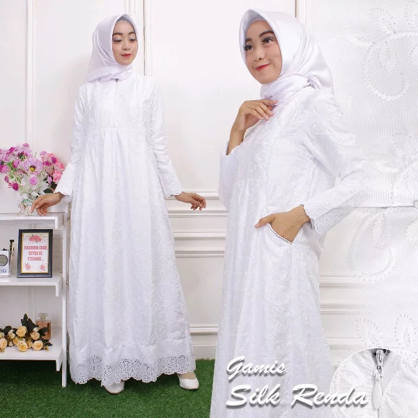 Gambar Baju Gamis Wanita Silk Renda Kerancang Bahan Katun Size M s/d XXL - Putih, XXL dari Zahra Kerudung Kota Tangerang Tokopedia