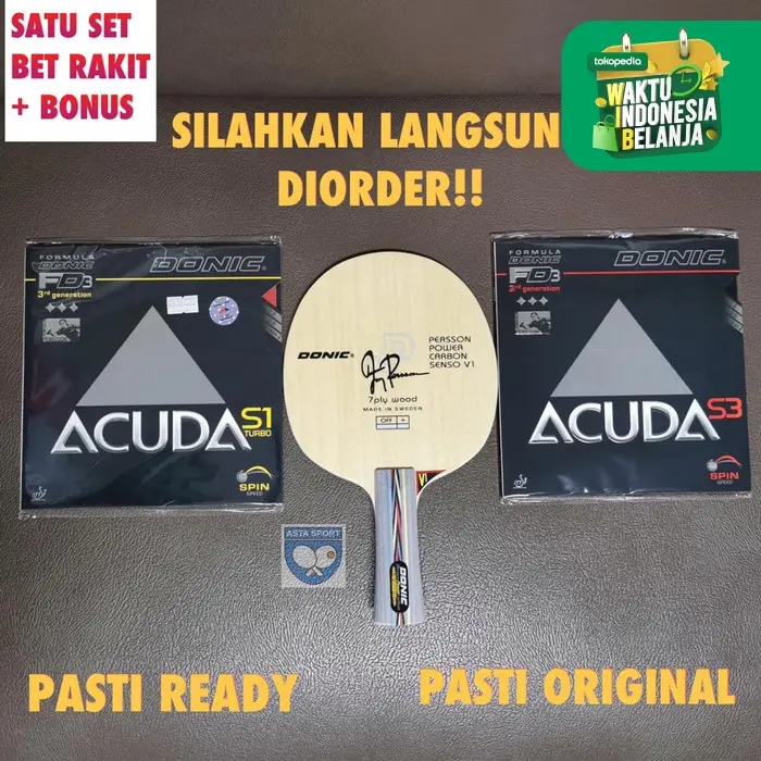Donic Bat Pingpong Tenis Meja Set Persson Power Carbon FL Acuda S1 Turbo & S3 Karet Ready to Use dengan Bonus Cover Bet dan Edge Tape Pelindung Bet Made in Germany - Ball, Outdoor